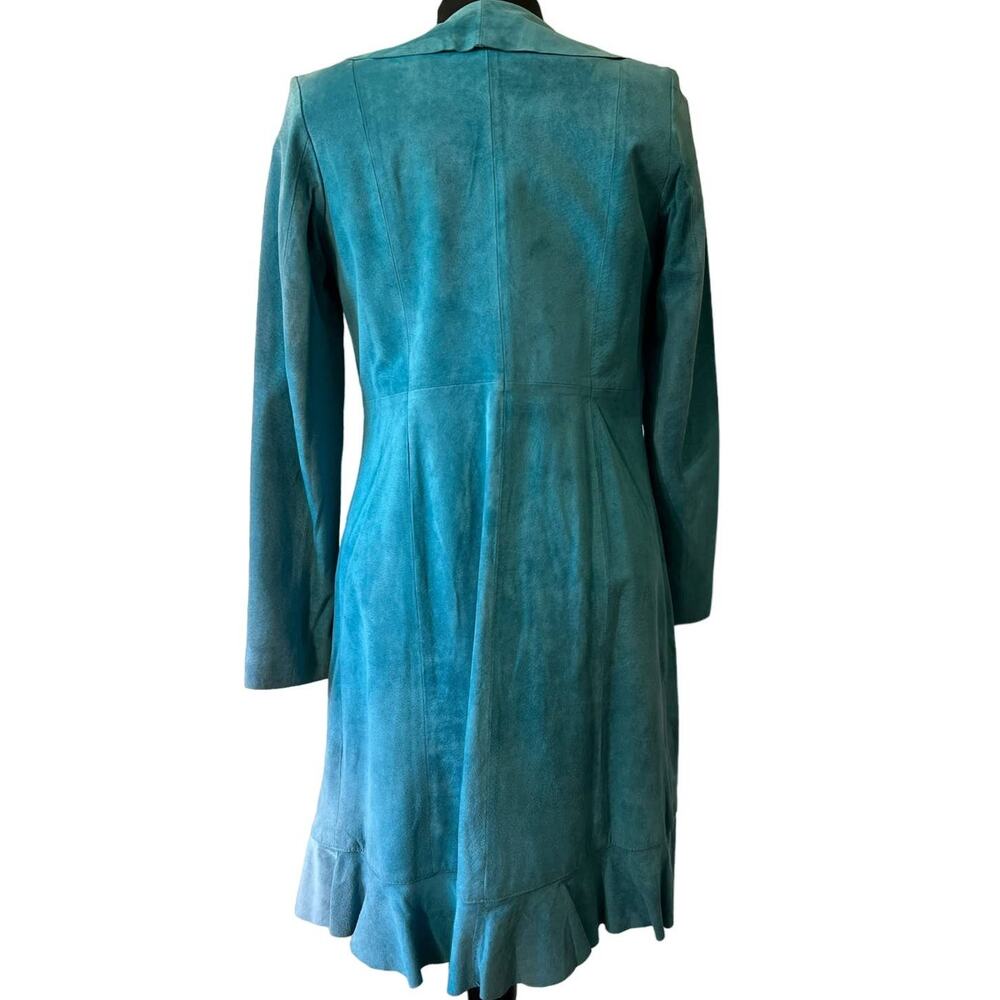 Vintage 90s Scully Turquoise Blue Ruffle Suede Leather Long Jacket size XS Tiger - Picture 3 of 9